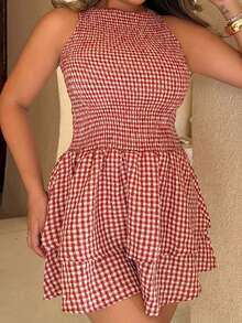 Maria Perezxox 蓝色格纹无袖修身系带迷你连衣裙，甜美法式夏日度假风 - 彩色 - 查看 6