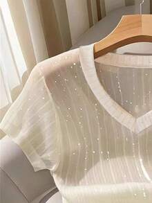 Qadelle Women's Summer Fashion Vacation Sheer Sequin Short Sleeve T-Shirt - Apricot - View 6
