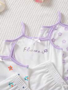 SHEIN Playful Pals 8件套女婴幼儿/新生儿0-3岁春夏休闲可爱罗纹针织吊带背心和短裤套装，日常穿着 - 淡紫色 - 查看 6