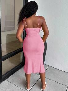 Alexandranx Women Dresses Simpul Dasi Depan Lettuce Trim Ruched Bust Plain Casual - Berwarna merah muda - View 3