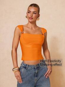 Lumalex 女士时尚弹力金属装饰露脐上衣，夏季 - 橘色 - 查看 2