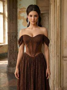 Aureia 优雅奢华的咖啡棕色蕾丝拼接缎面礼服，胸前饰有拼接图案，露肩落袖A字型长款正式晚礼服 - 咖啡棕 - 查看 3