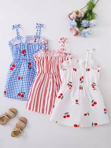 SHEIN Genkimix Kids Bộ 3 món quần áo hè thường ngày cho bé gái tuổi teen, họa tiết hoa và sọc nhiều màu sắc dễ thương, phù hợp cho gia đình đông con, đi biển, chơi ngoài trời, đi học - Bao gồm áo liền quần sọc và áo liền quần họa tiết quả anh đào. - Nhiều màu - Xem 2