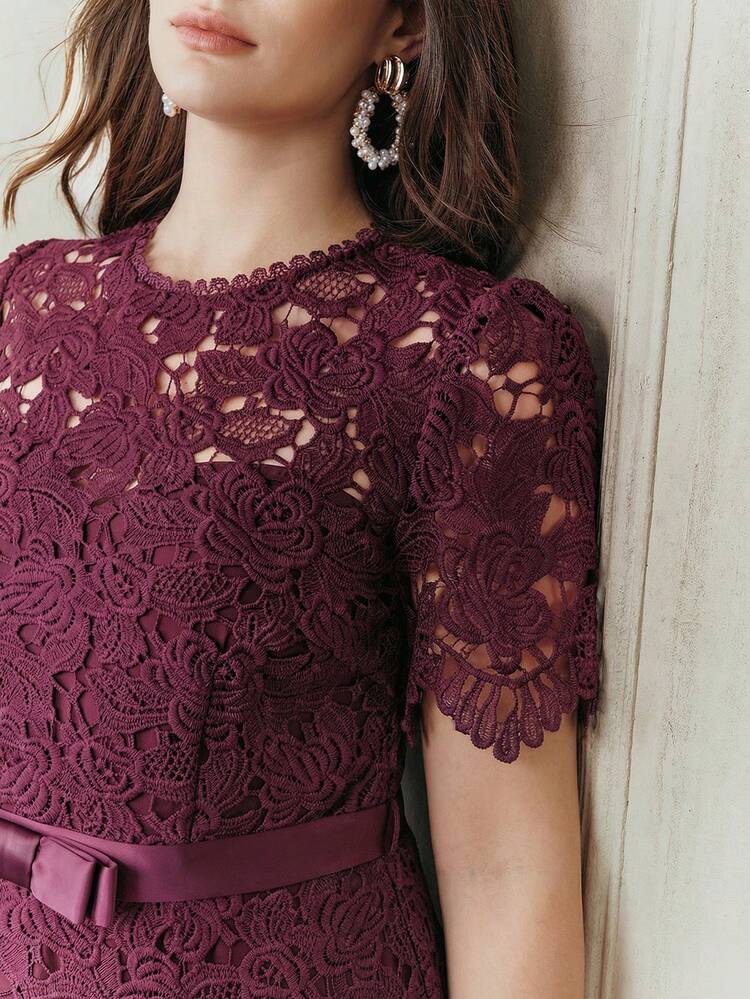 Anewsta Summer Vacation Water-Soluble Lace Romantic Light Dress, Round Neck Short Sleeve Romantic Bow Tie Waist Vacation Party Plus Size Women Elegant Dress