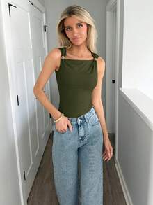 Sydney Algeri Metal Decor Ruched Bodysuit, Casual & Versatile, Spring/Autumn - Army Green - View 3