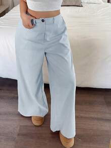 SHEIN PETITE CURVE Solid Color Casual Loose Comfortable Pants - Blue - View 4