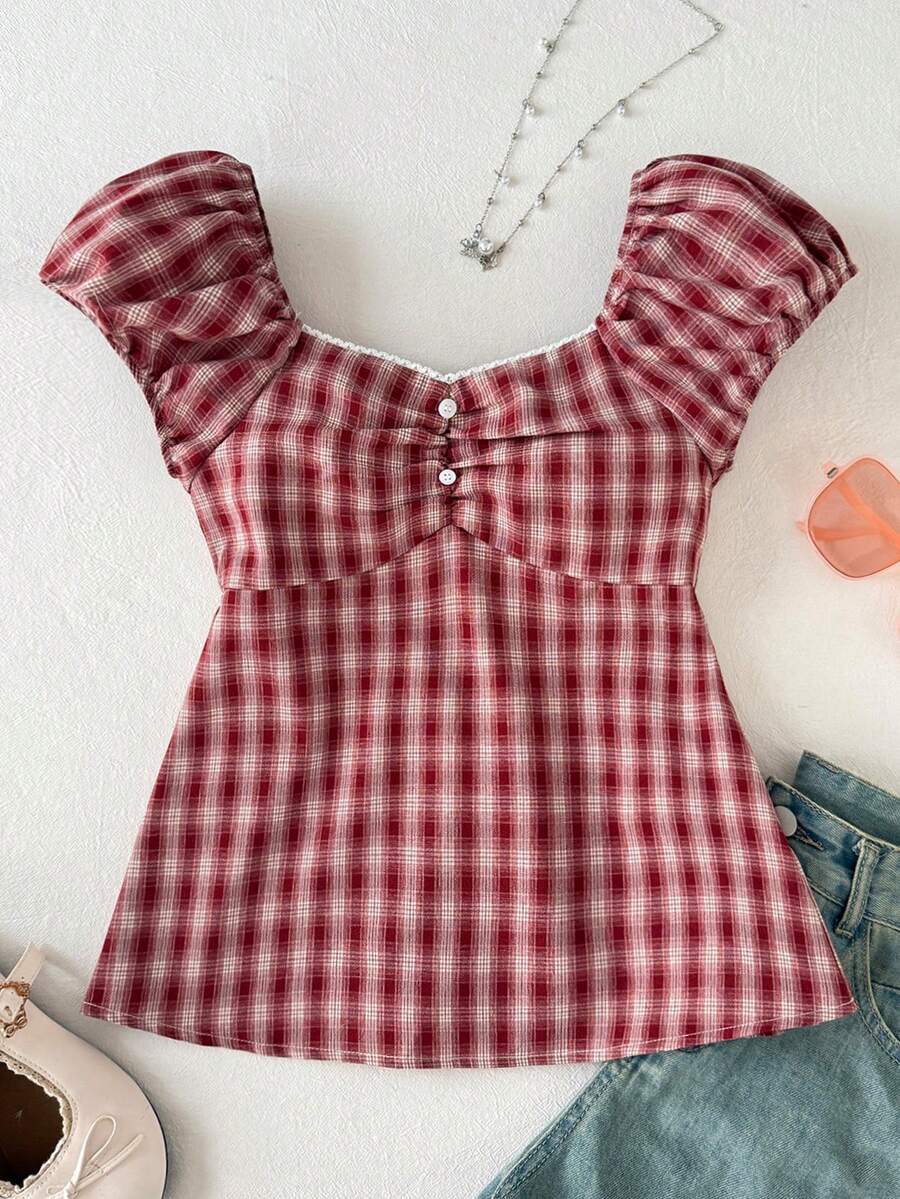 SHEIN Áo sơ mi ngắn tay cổ bẻ dáng ôm dành cho thiếu nữ - Đỏ - Xem 1