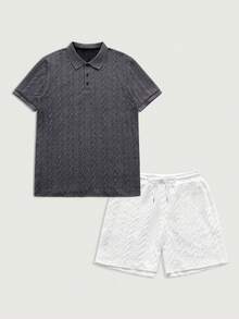 Courvante 男士深灰色提花 Polo 衫和白色提花短裤套装 - 纹理针织面料，透气舒适，常规版型，适合办公室和周末穿着，男士夏季休闲装/男士纹理针织短袖 Polo 衫，灰色纽扣上衣，夏季纹理男士提花两件套 - 深灰色和白色，男士休闲短袖 Polo 衫和短裤套装，针织钩编面料 - 彩色 - 查看 3