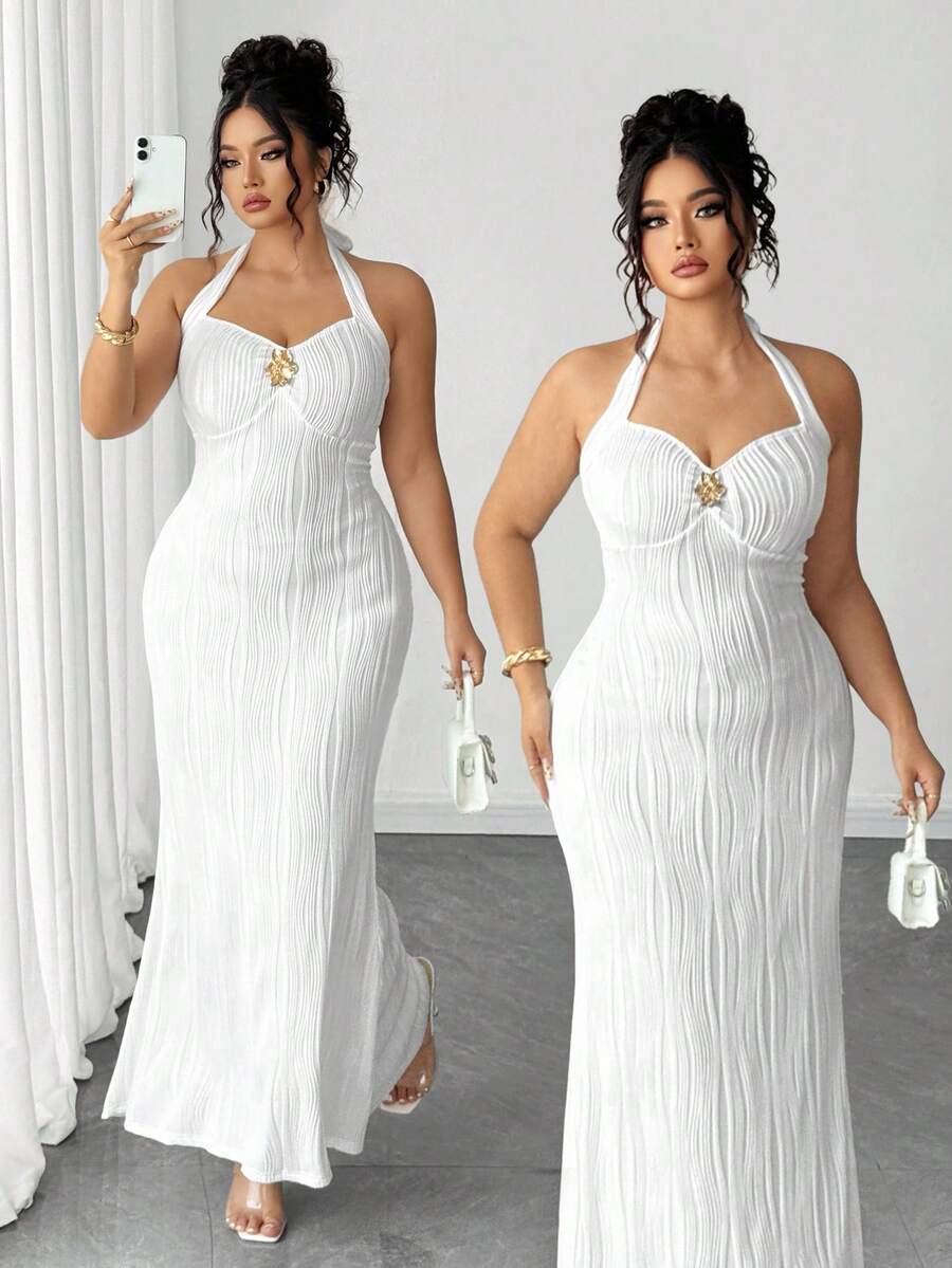 Elenzga Đầm ôm body dệt kim không tay màu trắng thanh lịch cỡ lớn cho nữ, họa tiết hoa 3D bằng kim loại, thích hợp mặc hàng ngày và hẹn hò - trắng - Xem 1