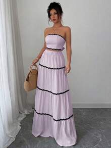 Rafferiza Petite 2pcs/Set Women Elegant Ribbon Decor Bandeau Top And Skirt Set - Purple - View 7