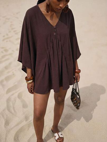 Zivah 2026 Spring/Summer New Wedding Season, Music Festival, Easter, Western, Nomadic, Bohemian, Nashville Party Attend Deep V-Neck Waist Ruched Open Back Real Pockets Loose Wide Leg Shorts Textured Fabric Coffee Brown Jumpsuit, Spring/Summer Jumpsuit, Party Jumpsuit, Sexy Jumpsuit, Vacation Jumpsuit, Casual Jumpsuit For Women