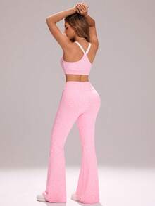 Sovereign Charm 女士豹纹露背短款背心和高腰喇叭裤套装 - 粉色 - 查看 3