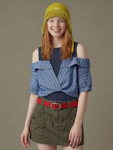 Áo thun nữ kẻ sọc trễ vai, trang phục mùa hè 2 trong 1 gồm áo trễ vai và áo nữ, áo mùa hè, áo denim, phong cách độc đáo. - Nhiều màu - Xem 5