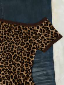 IslaSuriya Women's Leopard Print Asymmetric Shoulder Short Sleeve Fitted Fashionable T-Shirt - Multicolor - View 3