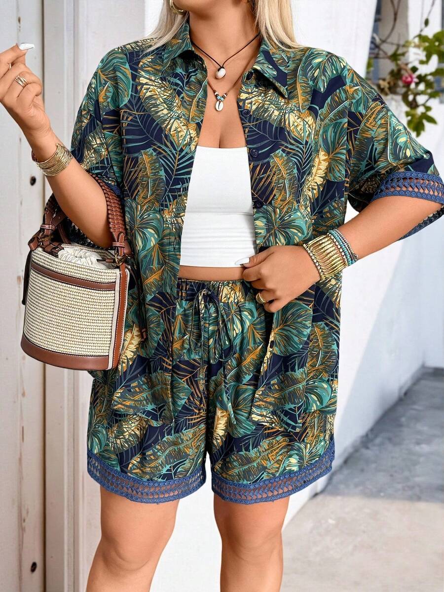 Breezaya Women's Plus Size Hot Pink Tropical Blouse And Shorts Co Ords Set Casual Short Sleeve Drop Shoulder Beach Vacation Outfit - Hot Pink - View 1