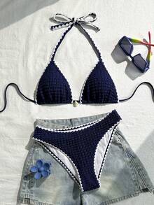 Bikini Triangular Halter Fondo Amarillo Claro con Estampado de Flor Tropical Rosa, Borde Ondulado Contraste Rosa, Parte Inferior de Cintura Alta para Playa y Piscina - Rosa - Ver 8