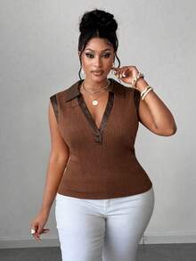 Maweii Plus Size Fashionable Sleeveless Jacquard Knit Patchwork Slim Fit Elegant Top - Brown - View 5