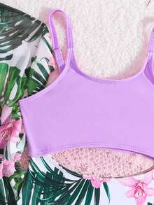SHEIN Young Girl Floral Print Patchwork One-Piece Swimsuit And Long Robe,  Purple Patchwork Tropical Floral Print Swimsuit + Matching Color Cardigan With Drawstring Thin Breathable Beach Sunscreen Cover-Up Two-Piece Set - Purple - View 7
