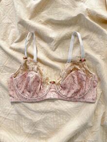 Plus 3pcs Ditsy Floral Print Contrast Lace Underwire Bra, Lingerie, Kawaii, Lift - Multicolor - View 5