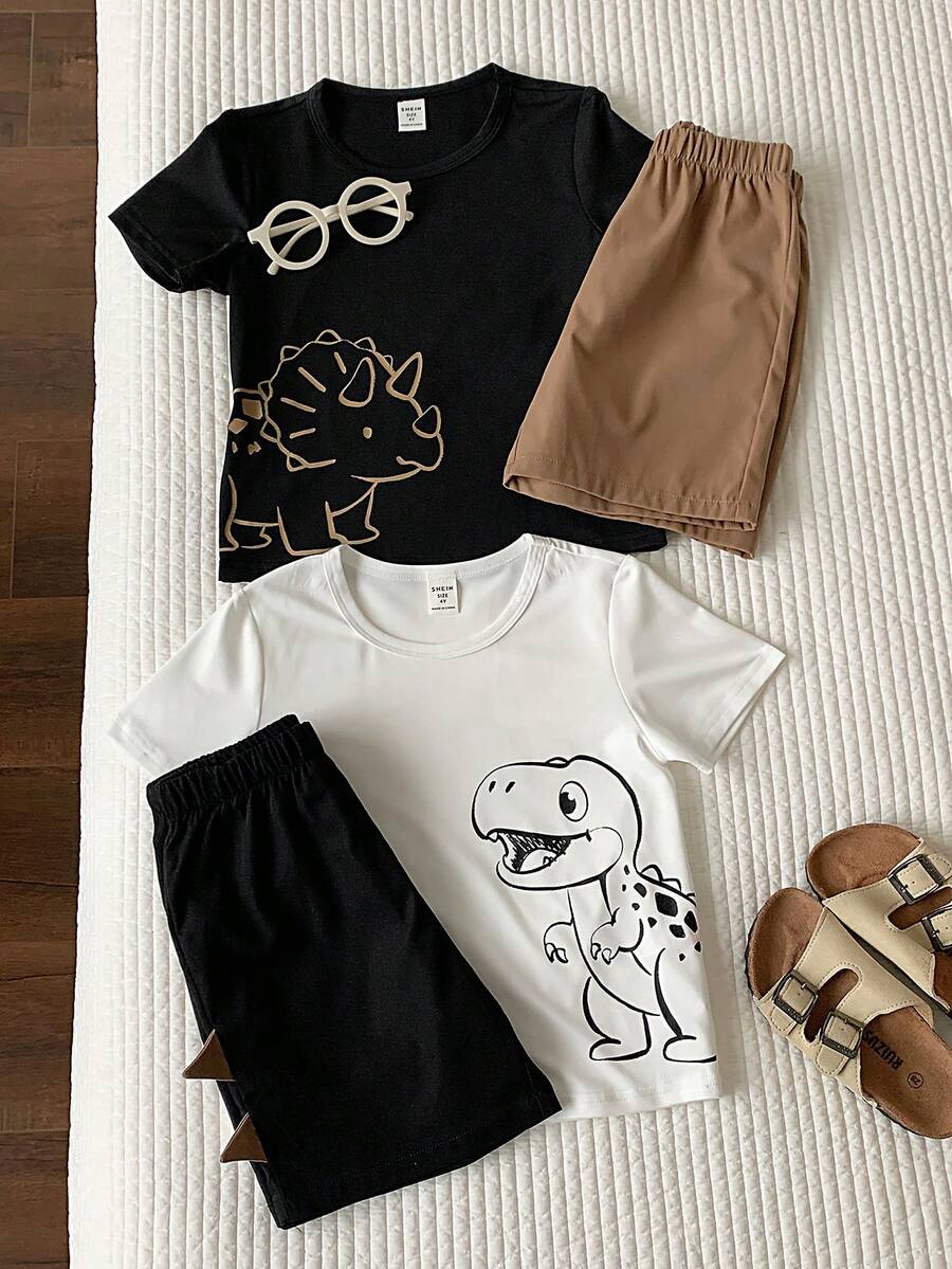 SHEIN 男童可爱卡通恐龙素描印花撞色简约廓形四件套：圆领短袖T恤和短裤，休闲舒适，百搭，面料柔软，适合日常穿着、外出、户外活动、度假、派对、夏季海滩度假、春夏穿着。