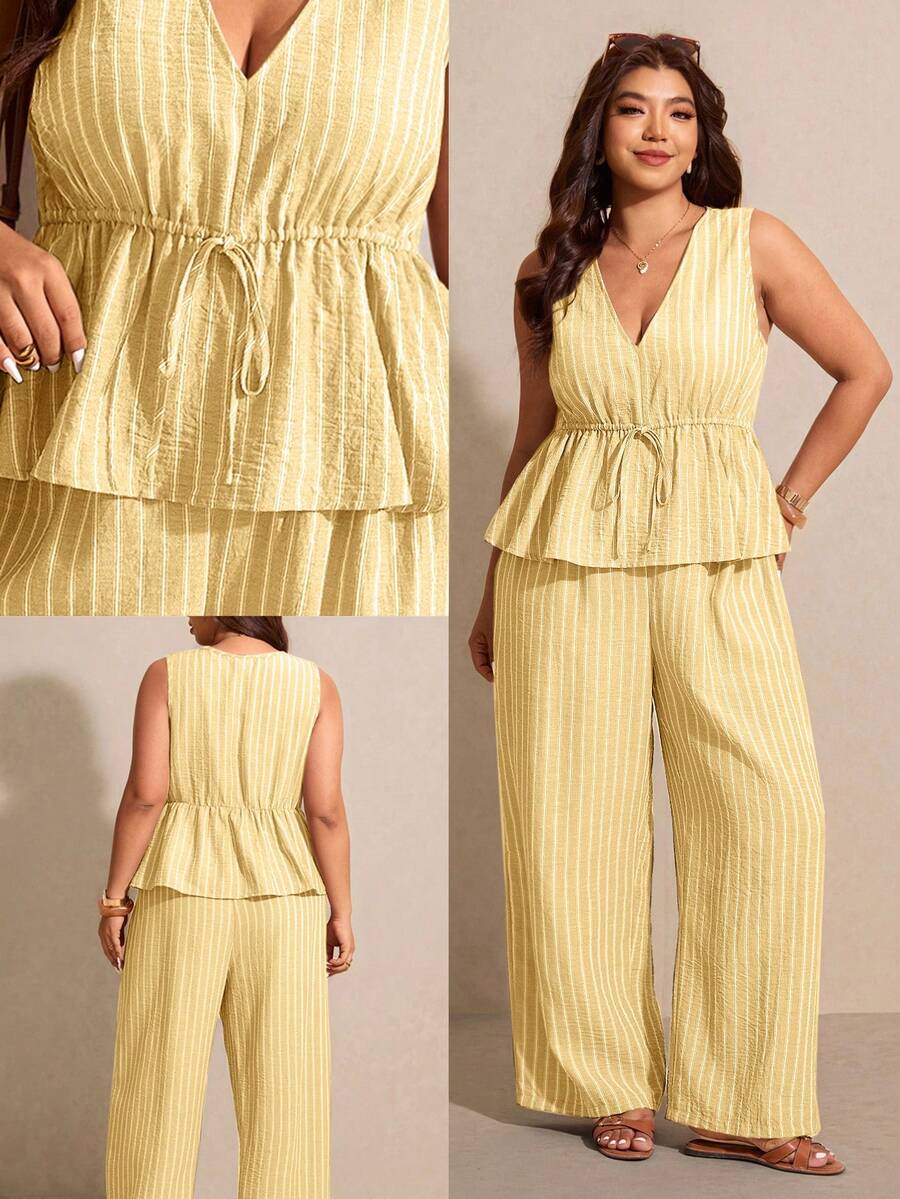 Elaquor Plus Size Casual Vacation Striped Sleeveless A-Line Shirt And Straight Leg Casual Pants 2 Pieces Set - Yellow - View 1