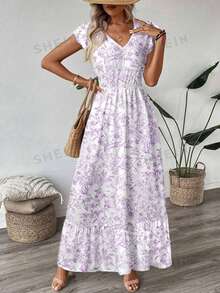 Easowa V领荷叶边装饰短袖荷叶边下摆A字连衣裙，女士休闲度假连衣裙 - 淡紫色 - 查看 5