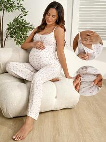 SHEIN 2pcs Casual Ribbed Knit Camisole And Pants Set, Nursing Outfit - Multicolor - View 3