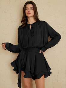 Vestido con cuello de corbata de satén brillante, diseño de cintura suelta, falda de manga larga, estilo retro elegante, adecuado para fiestas de lujo y ocasiones casuales - Negro - Ver 7