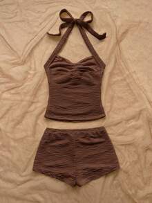 Soleia Conjunto de 2 piezas de top halter y shorts de estilo bohemio para vacaciones de mujer - Café integral - Ver 2