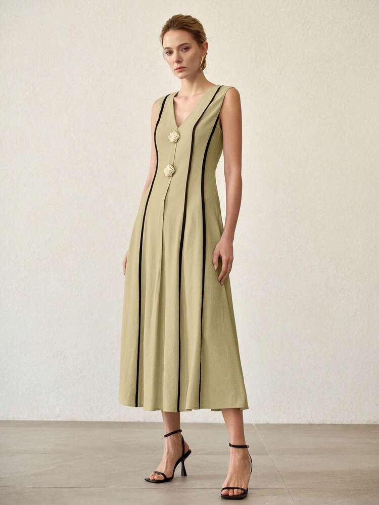 WOMEN'S CONTRAST PIPING SHELL DECOR WAIST SLEEVELESS MID-LENGTH SUMMER DRESS