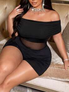 SHEIN CURVE+ Bộ jumpsuit nữ gợi cảm, thanh lịch, hở vai bằng vải lưới, phù hợp cho mặc hàng ngày và hẹn hò, có size lớn. - màu đen - Xem 6