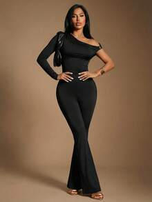 Radiana Women's Elegant Asymmetric Cold-Shoulder Jumpsuit,Skinny Fit Stretchy Knit Flared Leg Jumpsuit For Winter Night Out,Casual Business Black Gold - Black - View 6