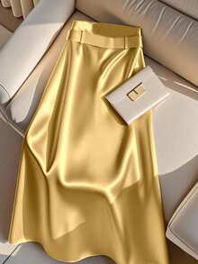SHEIN LUNE Falda A-Line con decoración de cinturón de metal con acabado de satén elegante para mujer - Amarillo - Ver 2