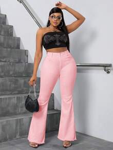 Slaydiva Plus Size Elegant Extra Long Flare Jeans - Baby Pink - View 4