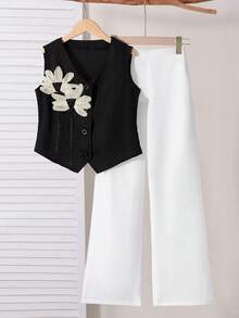 SHEIN Elladie kids 两件套复古美式豹纹女童基础款短袖上衣和裤子套装，无袖背心，女士纽扣背心，女士夏季服装，白色阔腿裤，碎花上衣套装，女士夏季两件套，女士春季服装，女士夏季套装，女士夏季服装，女士春季阔腿正装裤 - 黑與白 - 查看 3