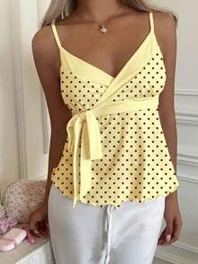 CovetEZ Women's Polka Dot Spaghetti Strap Criss-Cross Wrap Tie Back Tank Top - Light Yellow - View 4