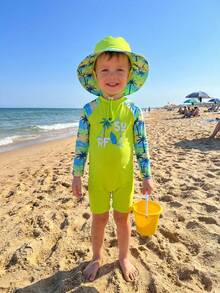 SHEIN Young Boy Palm Tree Letter Print Raglan Sleeve Swimsuit Set,Kids - Multicolor - View 5