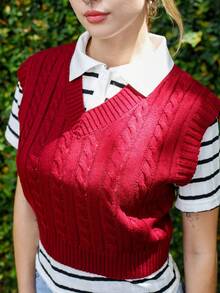 Ananda Vibes Áo len dệt kim cổ chữ V rộng rãi thường ngày cho nữ, mùa thu và đông - Màu Đỏ Sâu - Xem 5
