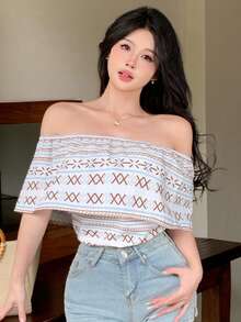 DAZY 印花露肩休闲度假夏季上衣，女士衬衫 - 白色 - 查看 8