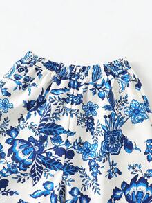 Sparklyn 两件套女童度假蓝色数码印花荷叶袖上衣，松紧腰阔腿裤，常规厚度，背心套装，适合休闲、度假、假日场合，适合8-12岁女孩，夏季款式 - 彩色 - 查看 2