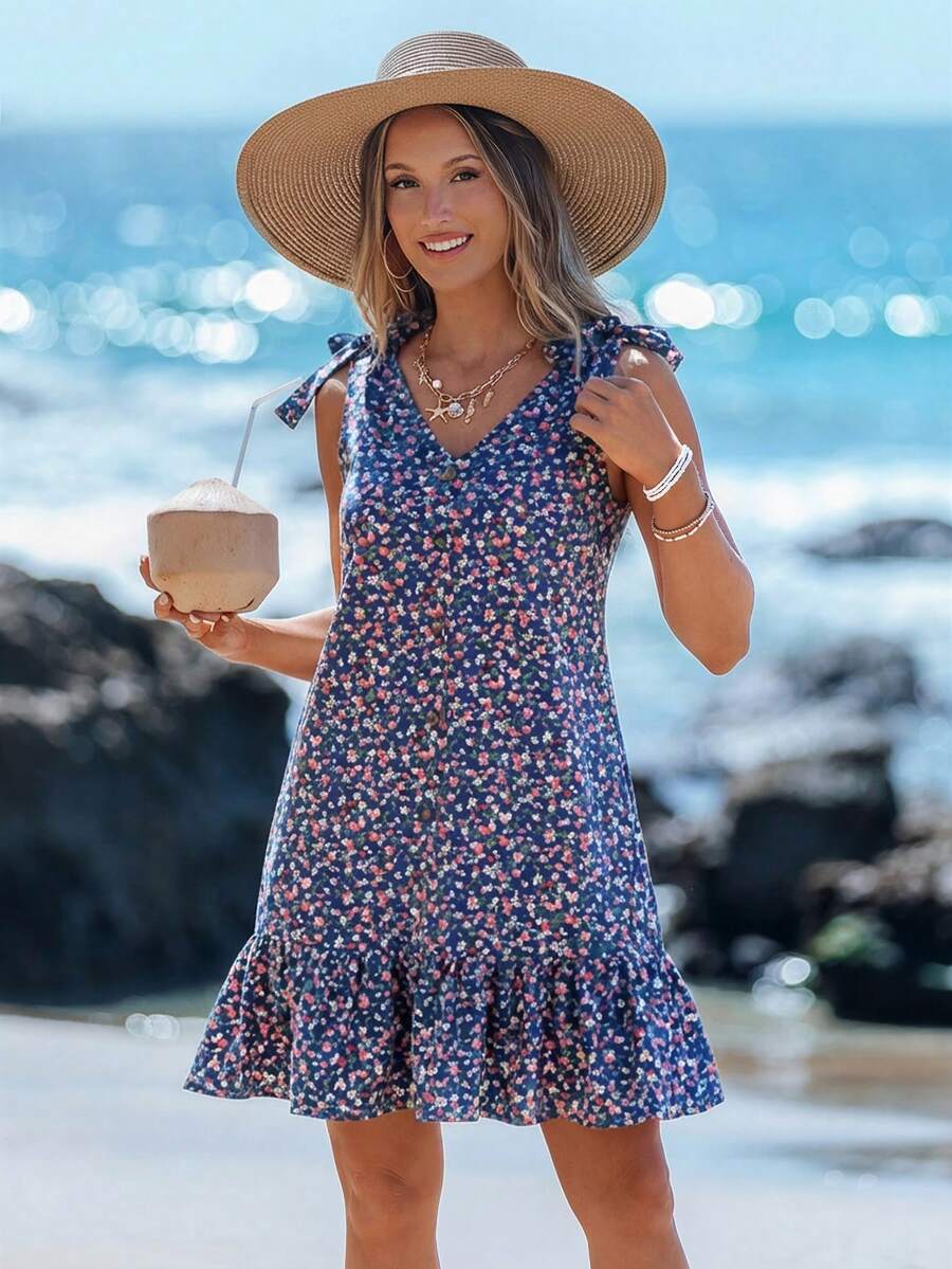Sylviya 女士休闲碎花V领系带短裙，夏季连衣裙，度假连衣裙，女士休闲夏季连衣裙，女士夏季度假装，女士度假连衣裙，无袖荷叶边连衣裙，碎花短裙 - 寶藍色 - 查看 1