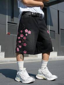 Manfinity EMRG Men's Street Fashion Casual Distressed Embroidered Black Denim Shorts - Black - View 7