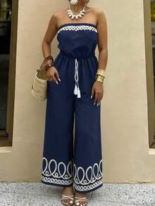SHEIN LUNE Jumpsuit Wanita Ukuran Besar Tanpa Tali dengan Ikat Pinggang, Motif Cetak, Cocok untuk Liburan dan Pakaian Sehari-hari, Musim Semi/Panas - Navy Blue - View 4