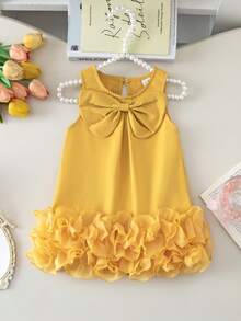 Elladie kids Vestido elegante sin mangas para niñas bebé con decoración de lazo y volantes de malla, moda minimalista para primavera y verano - Amarillo - Ver 6