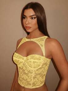 SHEIN BAE Áo corset đen có thể tháo rời, thích hợp cho lễ hội âm nhạc và các buổi hòa nhạc, trang phục đi xem hòa nhạc. - Màu vàng - Xem 3