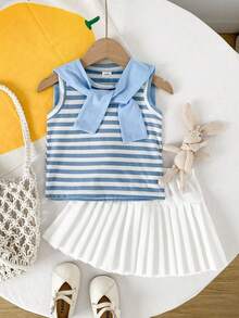 Playful Pals 3pcs/Set Baby Girls' Casual Striped Sleeveless Top And White Pleated Skirt Outfit, Comfortable Versatile For Spring/Summer, Suitable For Outings, Daily Wear, School, Vacation, Sports - Blue - View 3