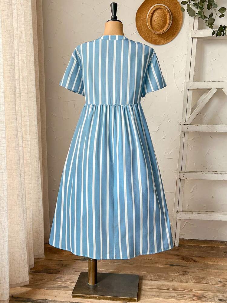 Plus Size Casual Striped Notched Neck Dress
