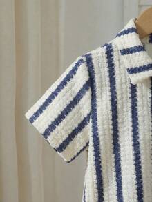 SHEIN 男童条纹针织衫短裤两件套 - 藍白色 - 查看 4