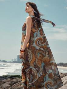 Aveloria Modichic Bohemian Style Chiffon Printed Halter Neck Tie Sleeveless Dress - Multicolor - View 2