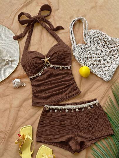 Soleia Conjunto de 2 piezas de top halter y shorts de estilo bohemio para vacaciones de mujer